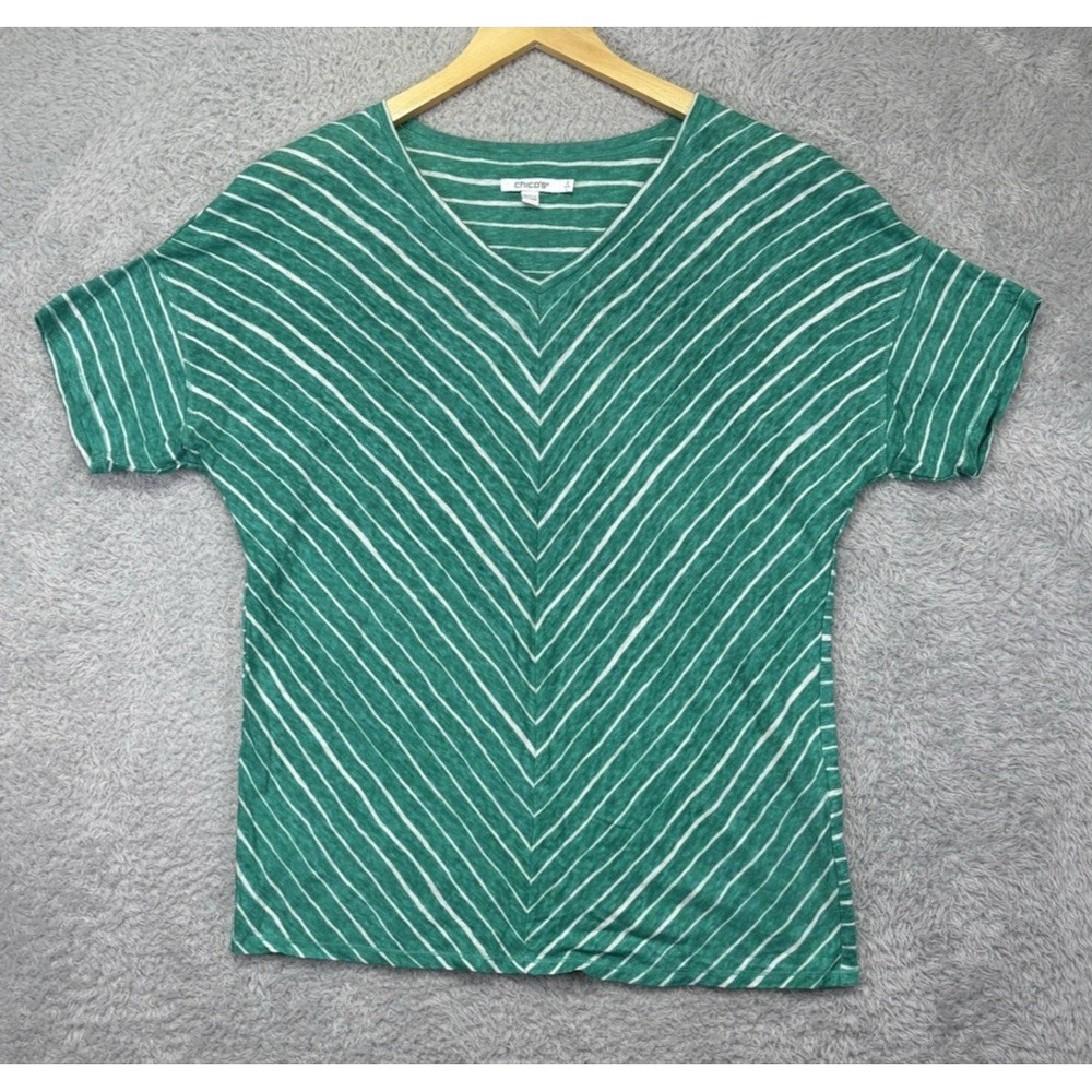 Chicos Top Sz 2 / L Striped V Neck Linen Green White Casual Preppy Travel